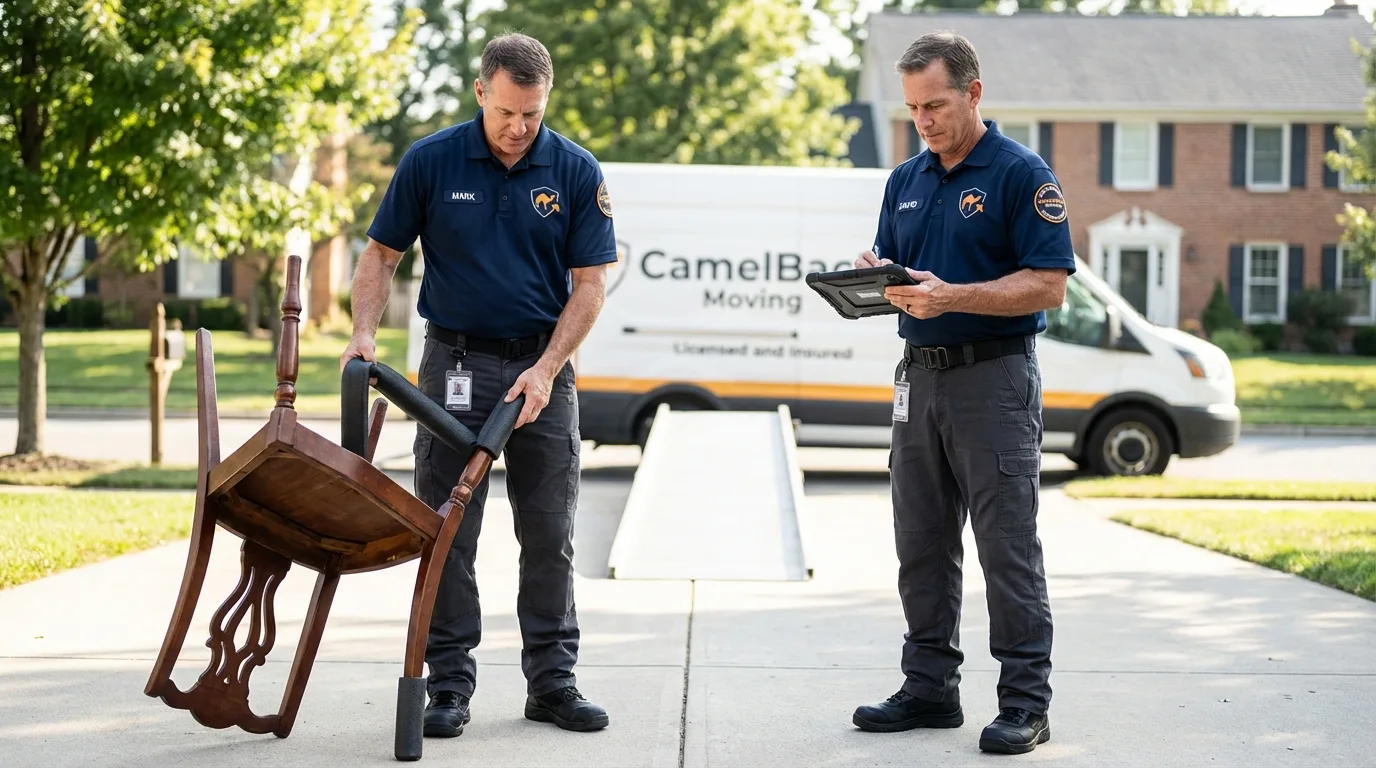 Movers inspecting furniture for damage prevention before loading in Junction City, KS