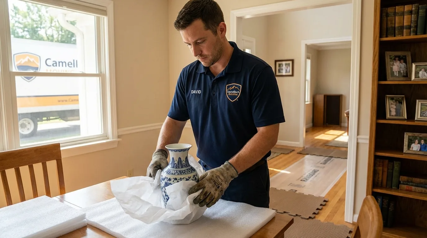 Professional crew carefully wrapping antique vase for senior downsizing move in Junction City, KS